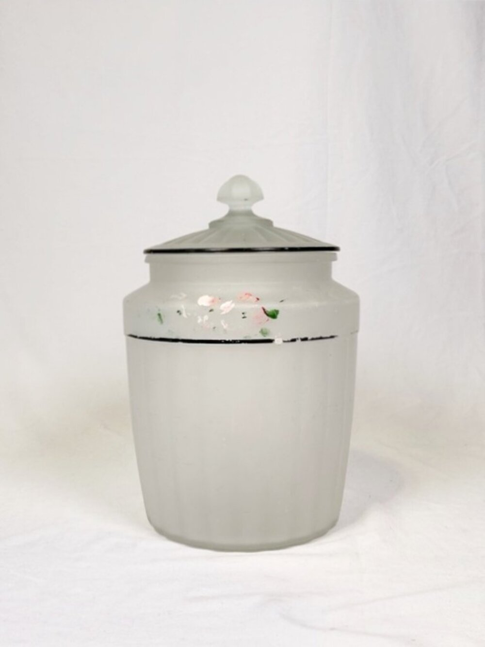 Vintage Clear Frosted Glass Hand Painted Pink Flowers 11” Biscuit Cookie Jar